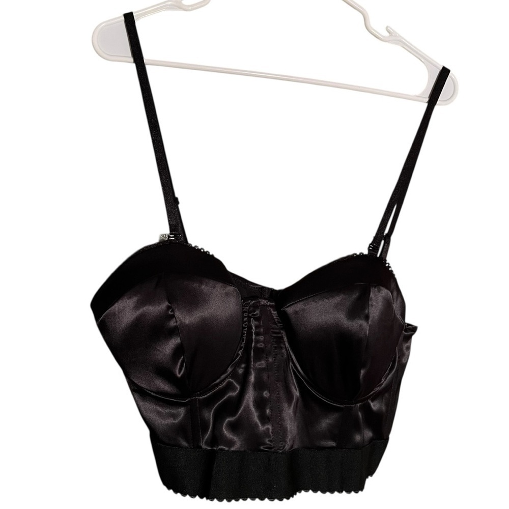 Unique Vintage Women's Size 2X 18 Cropped Corset Top Black Satin Zip Back Sleeve
